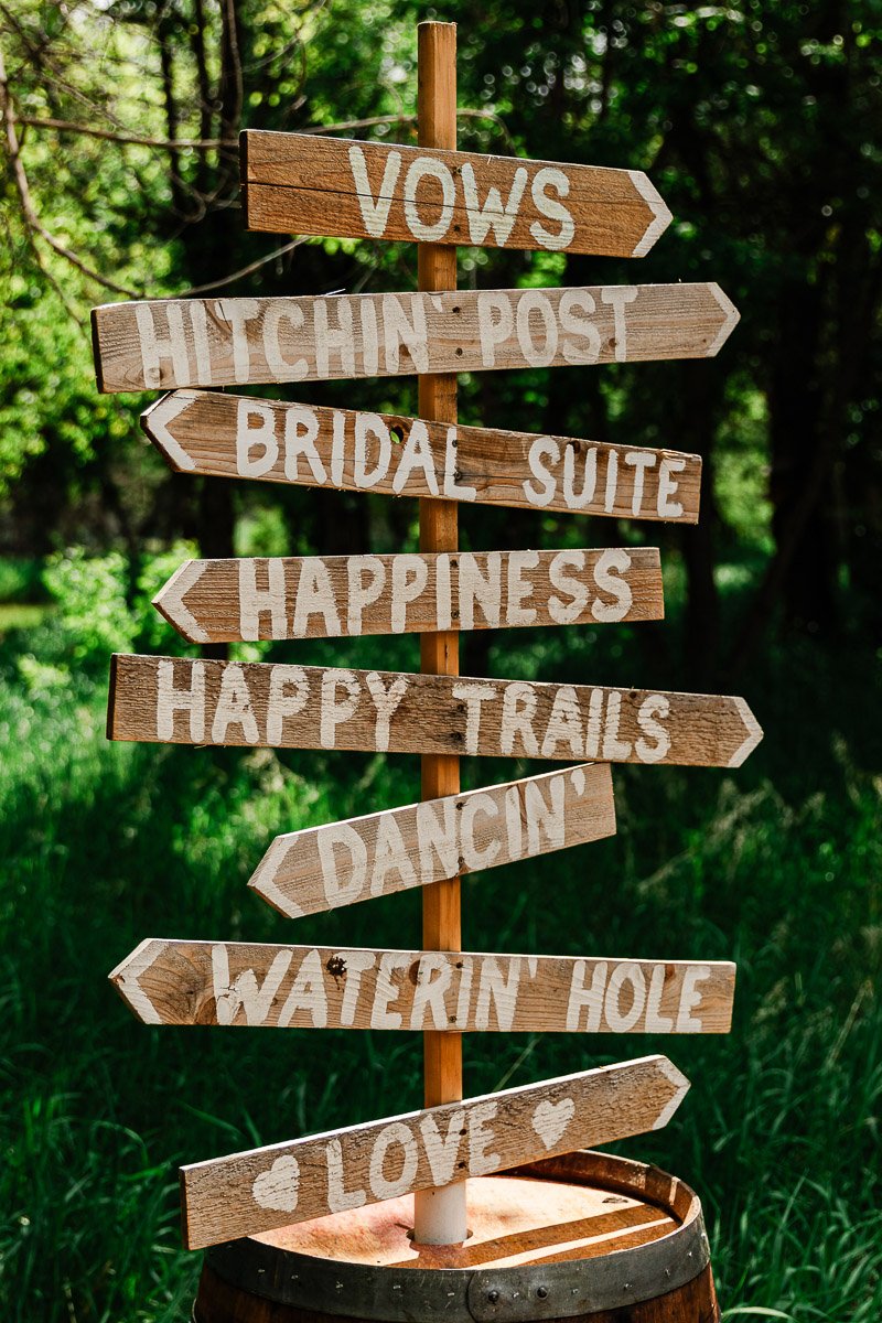 Rustic wooden signpost in a green outdoor setting with arrows reading "Vows," "Hitchin' Post," "Bridal Suite," "Happiness," and more. Romantic ambiance.