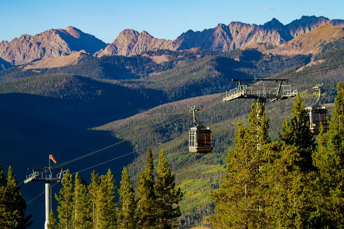 A scenic mountain view with a cable car ride above pine trees against rugged peaks. The serene landscape conveys a sense of adventure and tranquility.