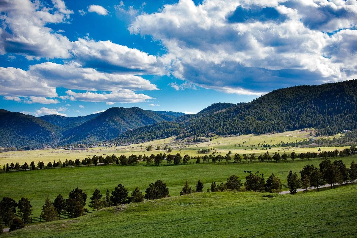 Expansive green fields stretch towards rolling mountains under a bright blue sky filled with scattered white clouds, evoking a sense of tranquility.
