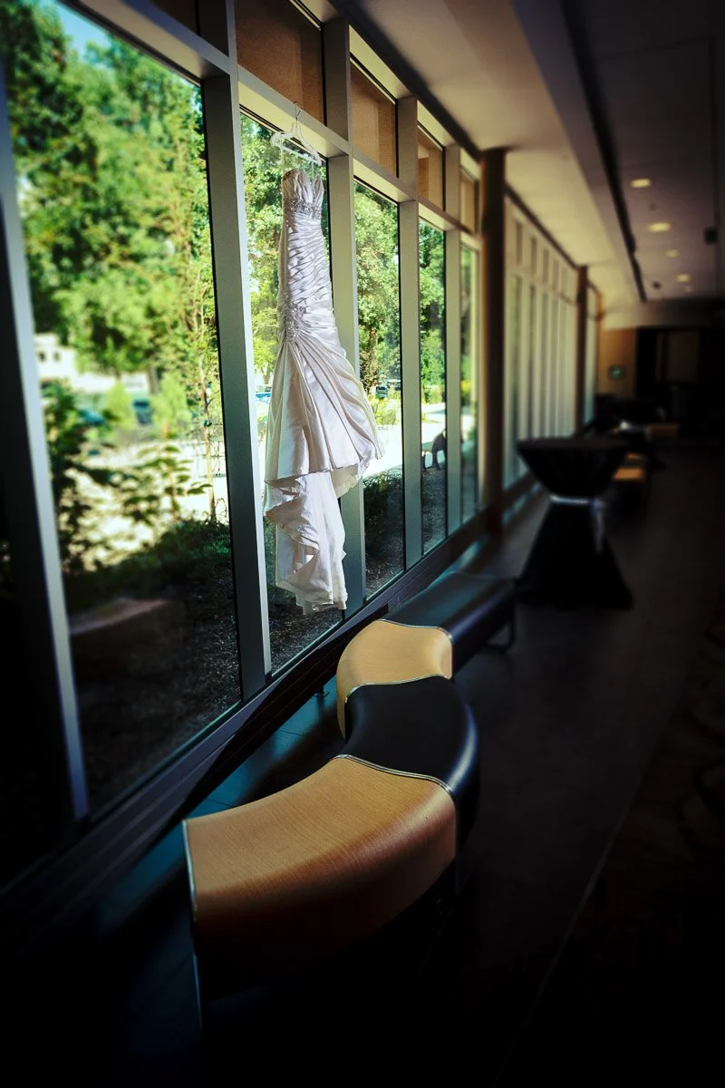 A white satin wedding dress hangs elegantly in front of large windows with a view of lush greenery outside. The setting feels serene and anticipatory.