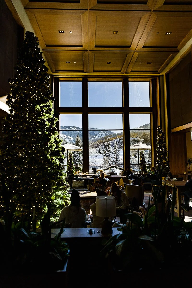 A cozy lounge with a high ceiling and large windows reveals a snowy mountain view. Decorated Christmas trees with lights add warmth to the scenic atmosphere.