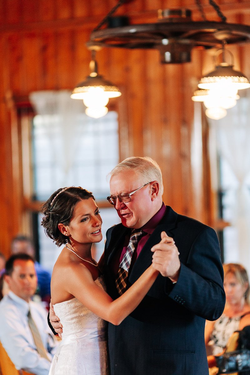 A bride in a white dress dances with an older man in a suit, sharing a tender moment. They're surrounded by warmly lit, wood-paneled walls, under soft pendant lights.