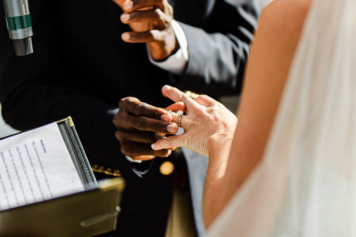A groom in a dark suit holds a ring, preparing for a wedding ceremony. Another person holds a microphone, capturing the intimate moment.