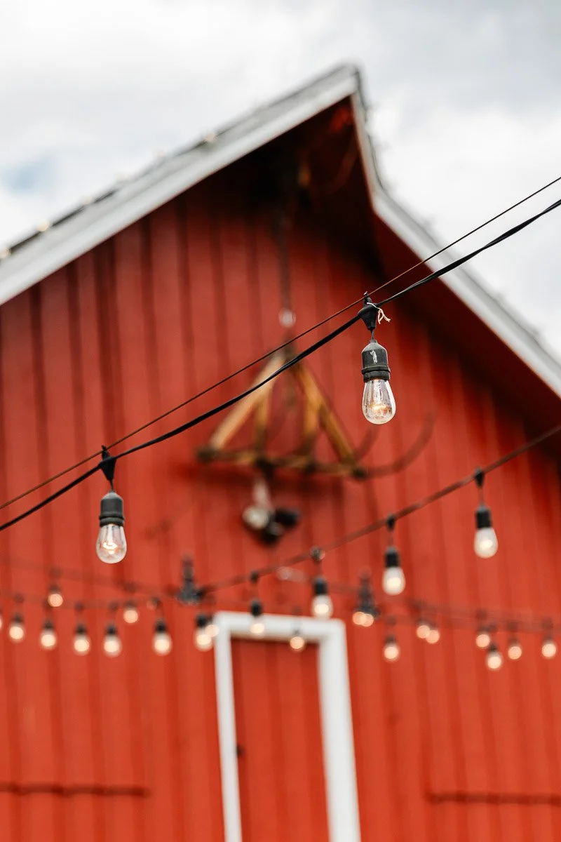 String lights hang in front of a red barn under a cloudy sky, creating a rustic and cozy atmosphere. The barn's peak is partially visible.