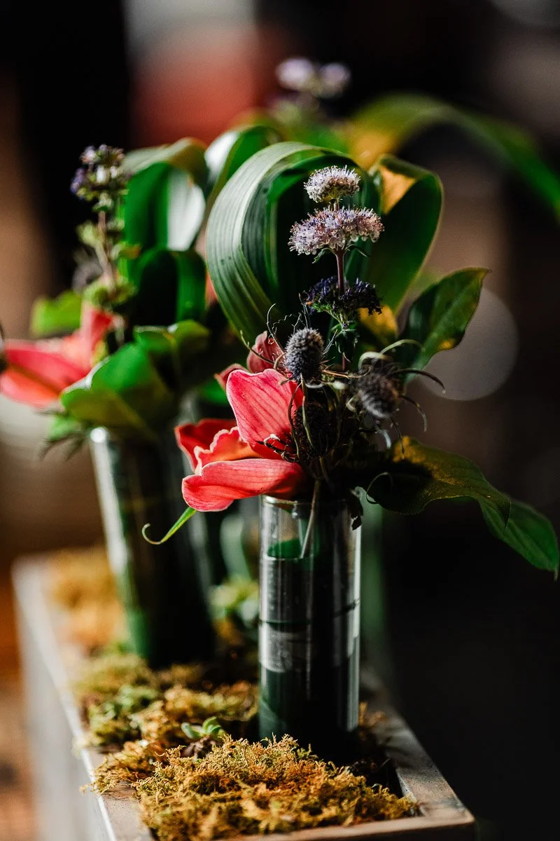 A vibrant floral arrangement features red and purple flowers with lush green leaves in vases, accented by moss. The mood is fresh and elegant.