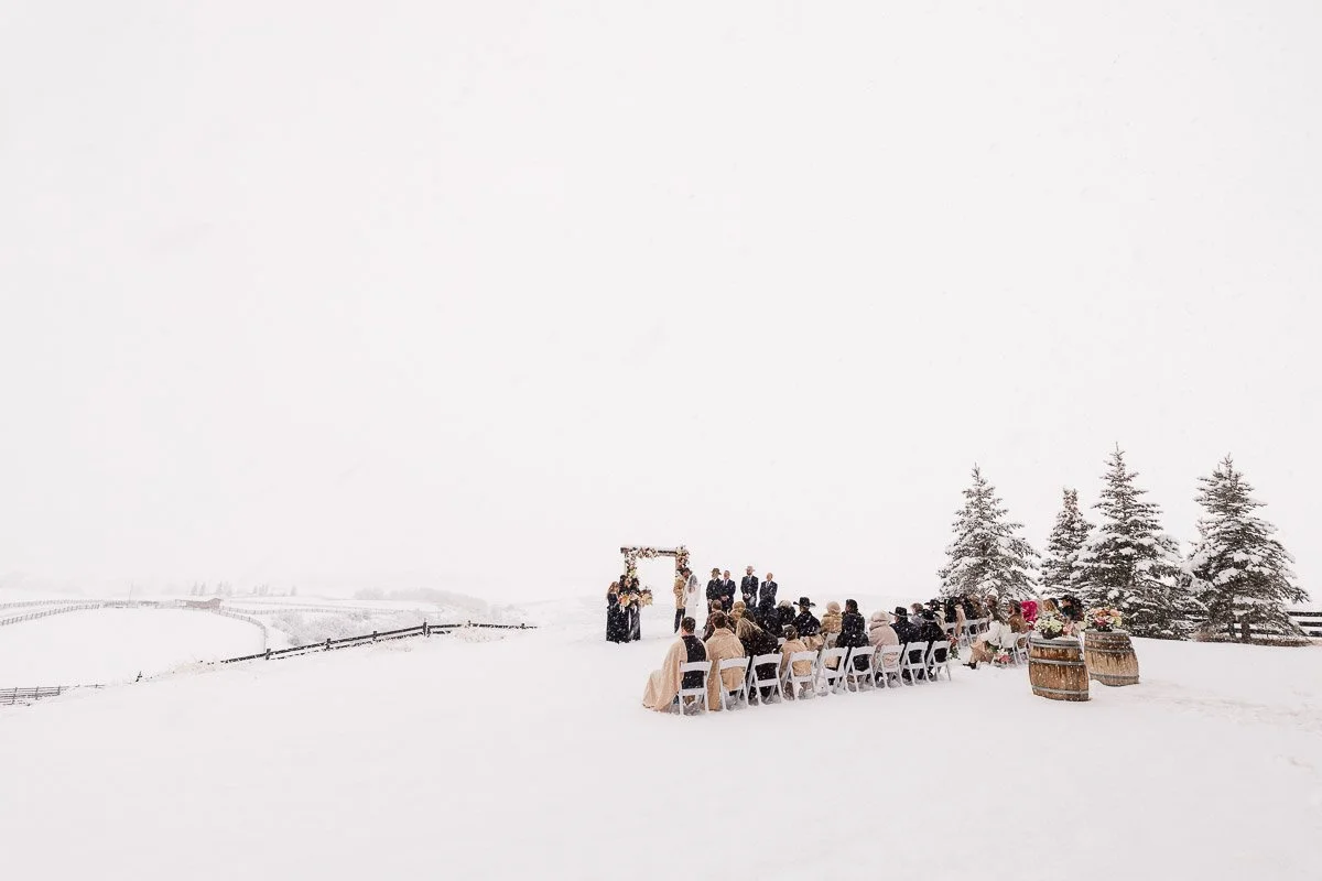 A snowy outdoor wedding ceremony with guests seated in rows of white chairs. An arch adorned with flowers is under a cloudy sky, surrounded by snow-dusted trees.