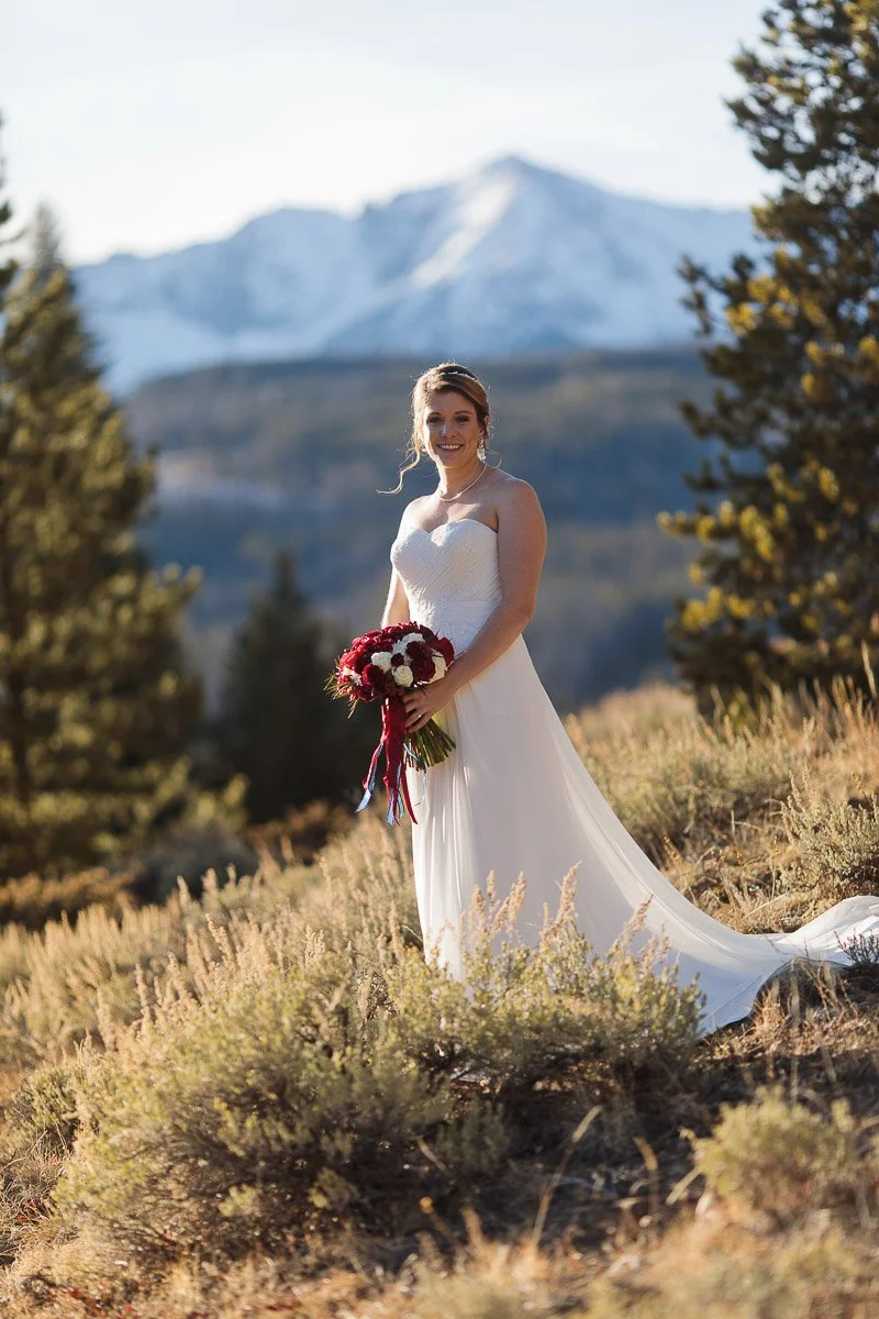 A bride in a white gown holds a red bouquet, standing in a scenic mountain landscape with snow-capped peaks. The atmosphere is serene and joyful.