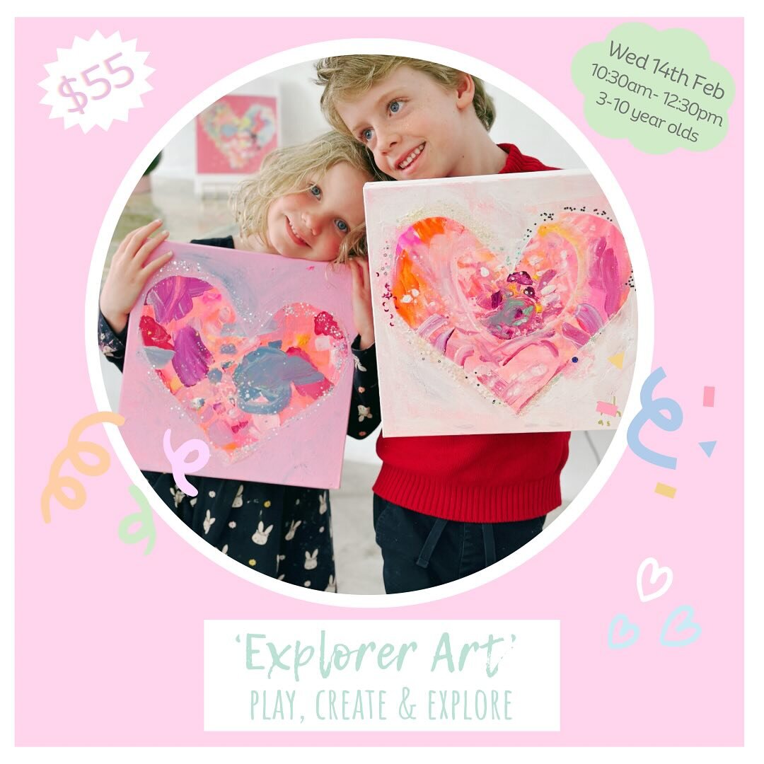 Valentine&rsquo;s Day &lsquo;Explorer Art&rsquo; Workshop 💗

💓 Wednesday 14th Feb, 10:30am-12:30pm.
💓 Suitable for 3-10 year olds.
💓 Children will create their very own &lsquo;Happiness in my Heart&rsquo; mixed media creation onto a small square 