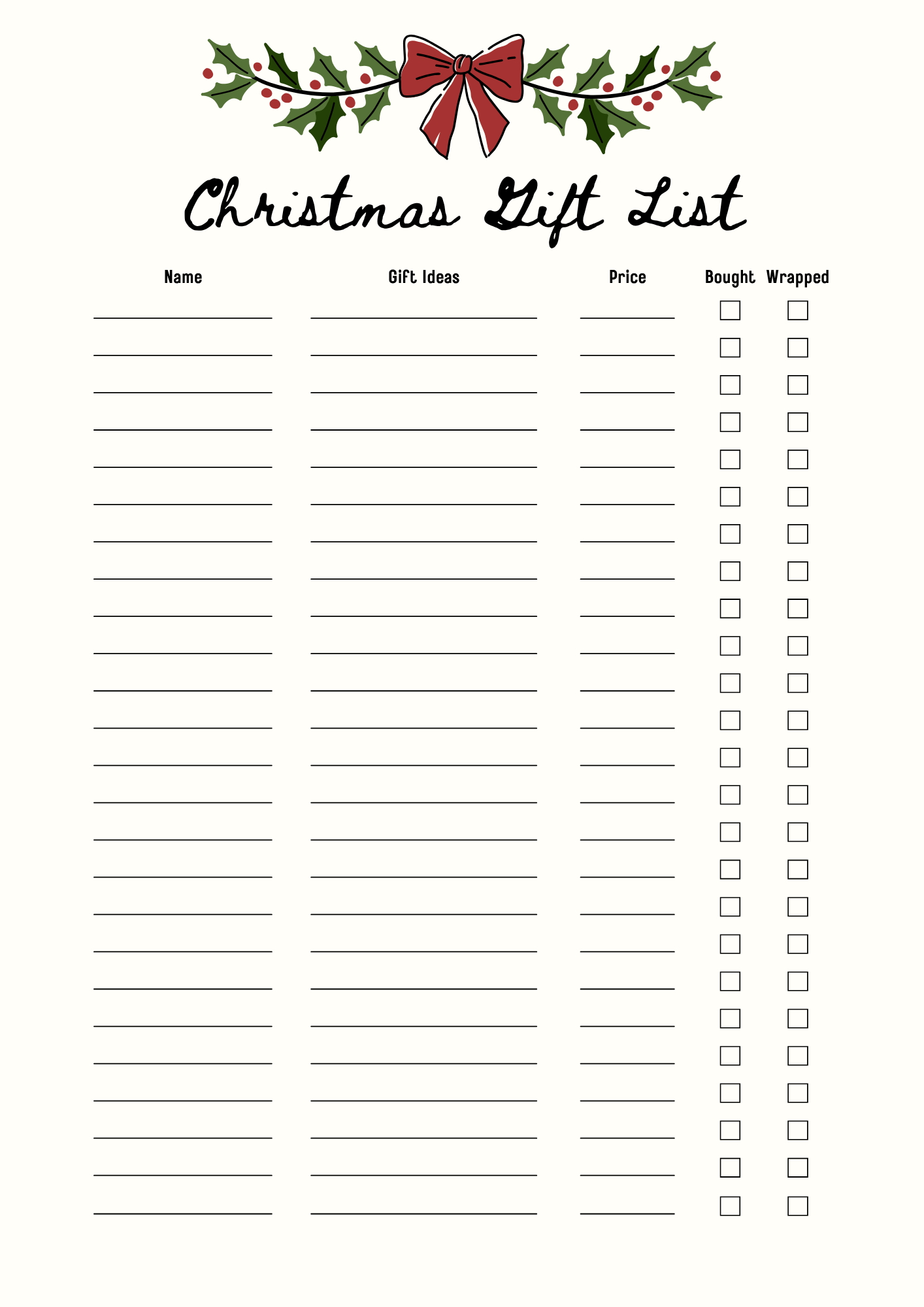 Christmas Gift List - Holly and Red Bow