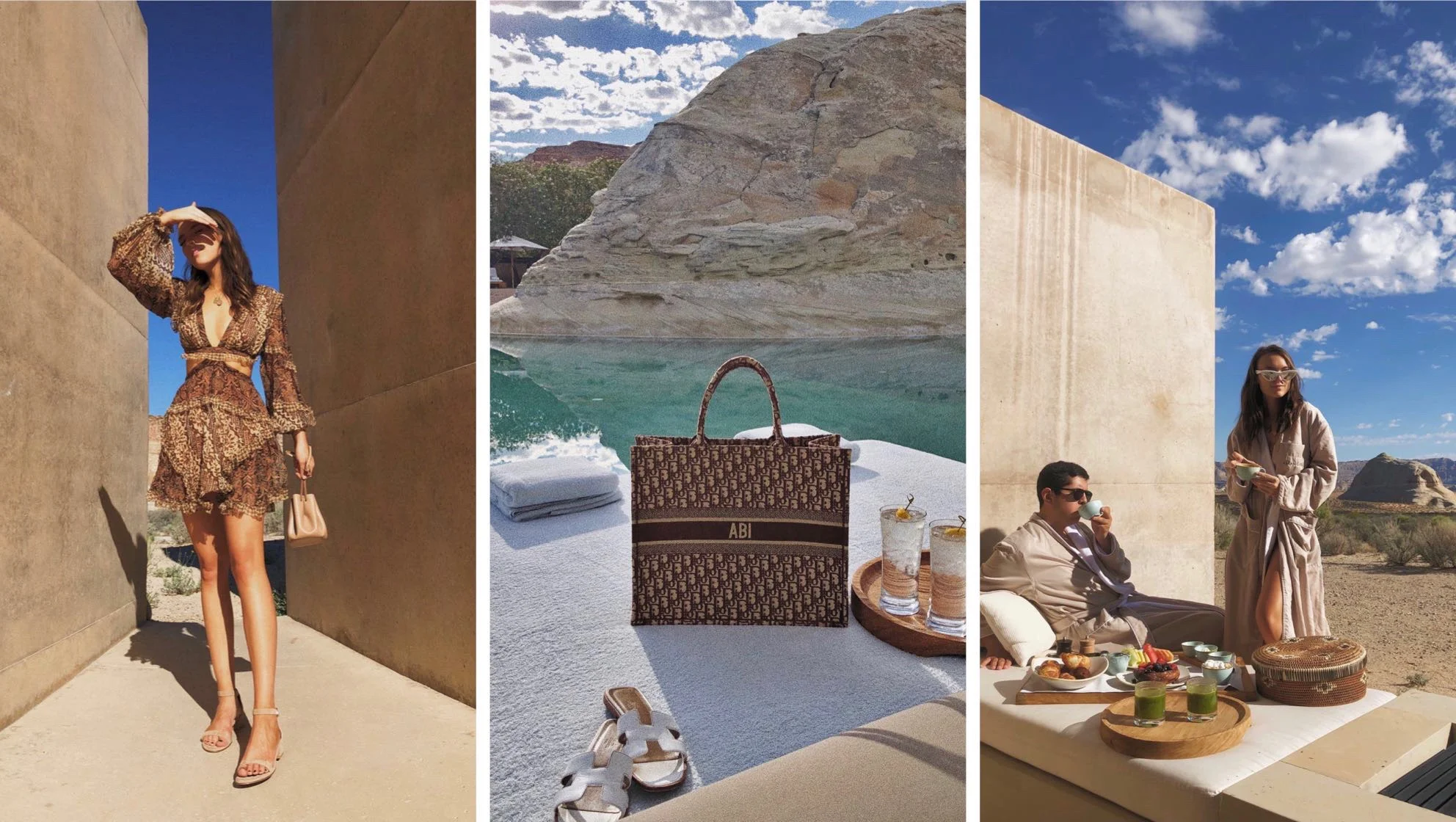 From left to right. Dress: Zimmermann, Shoes: Stuart Weitzman. Tote: Dior, customized via Harrods pop-up, Shoes: Hermes. Sunglasses: Old Cèline.