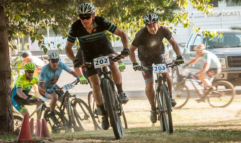 Cat 2 Men 50+ racers, winding their way under the trees at last week's STXC # 6 - photo by Jack Gosnell