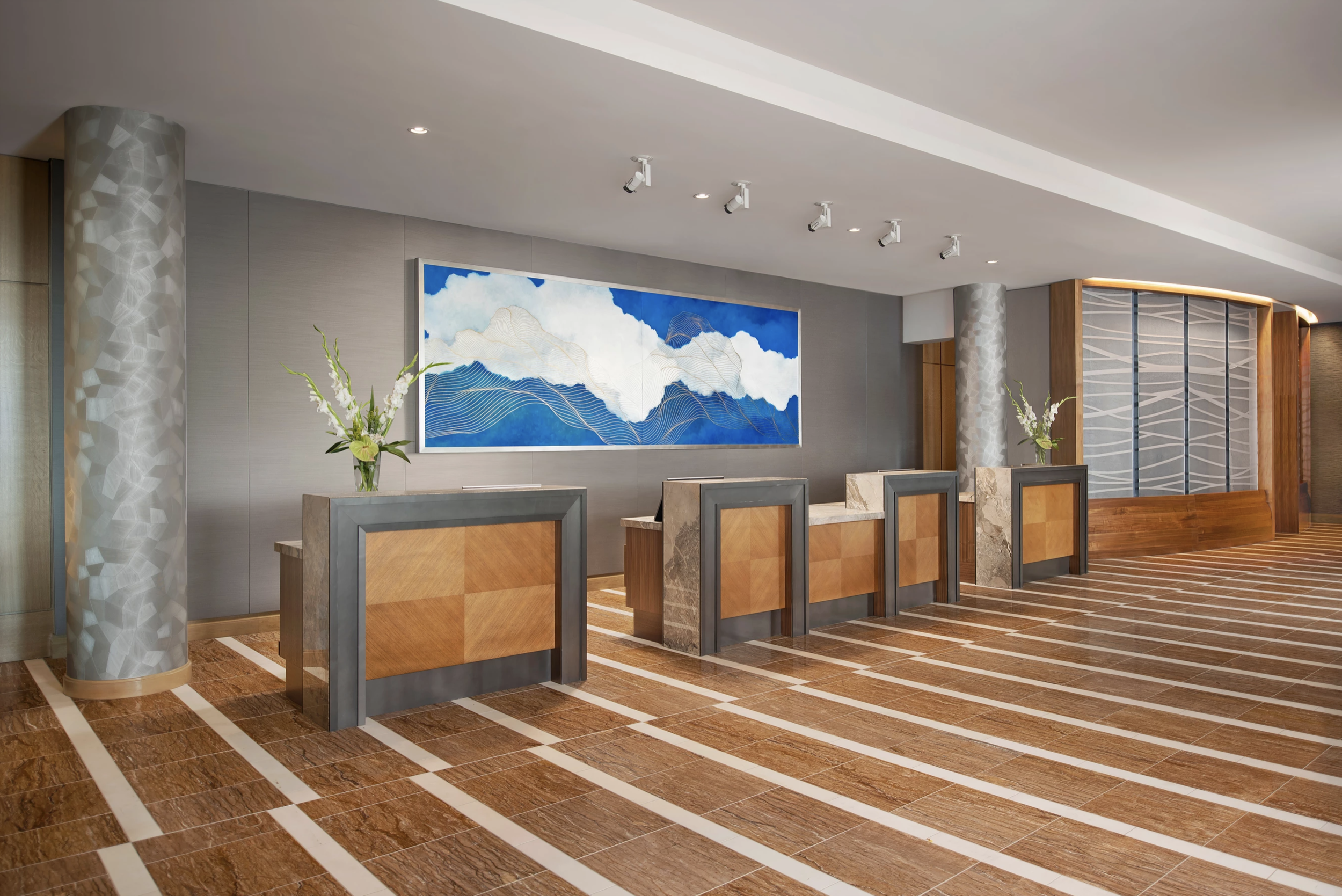 Tracie Cheng | blue white gold large abstract line painting with clouds for interior of The Intercontinental Hotel  | San Diego 2018