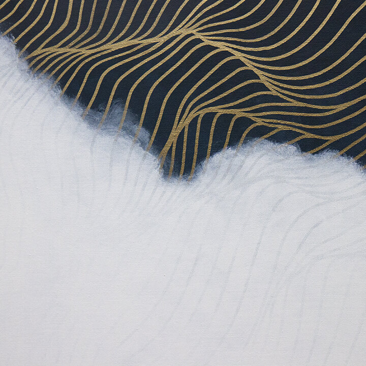 2019 Tracie Cheng black blue white gold&nbsp;abstract line&nbsp;painting with clouds - "Love Will Conquer Death" detail