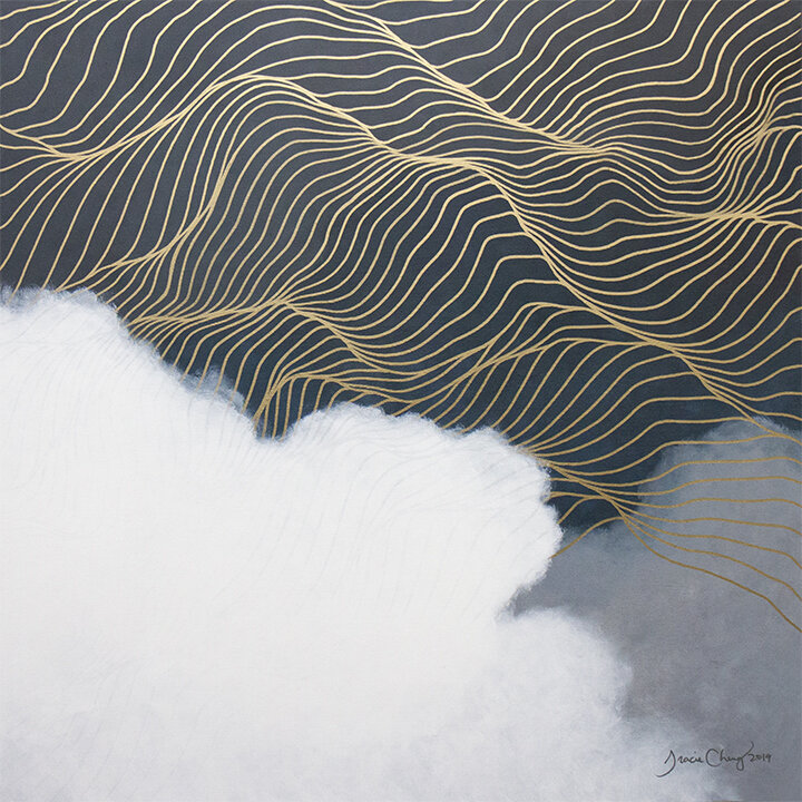 2019 Tracie Cheng black blue white gold&nbsp;abstract line&nbsp;painting with clouds - "Love Will Conquer Death"