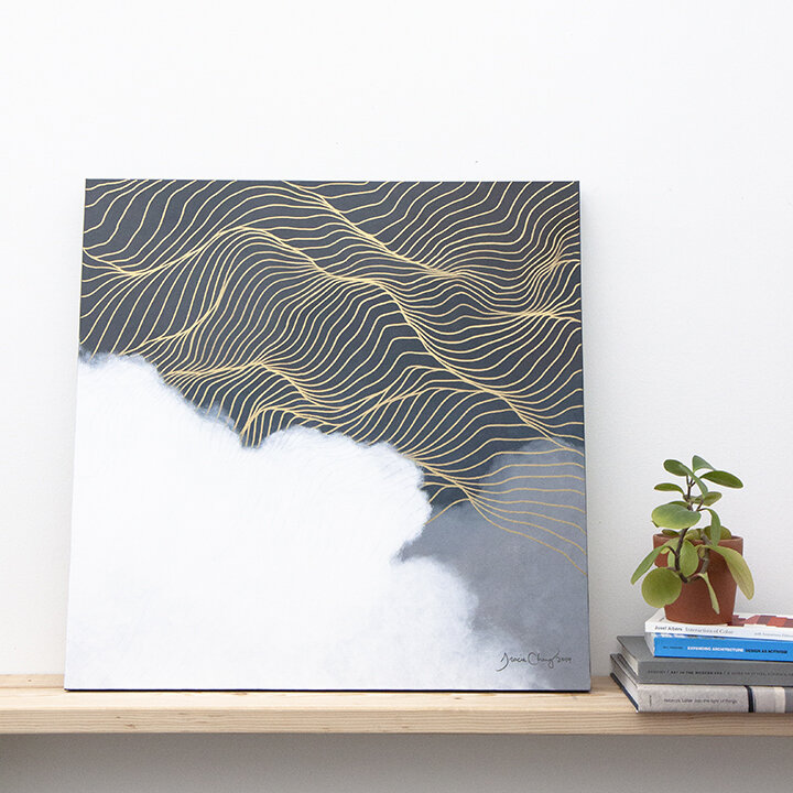 2019 Tracie Cheng black blue white gold&nbsp;abstract line&nbsp;painting with clouds - "Love Will Conquer Death" on display