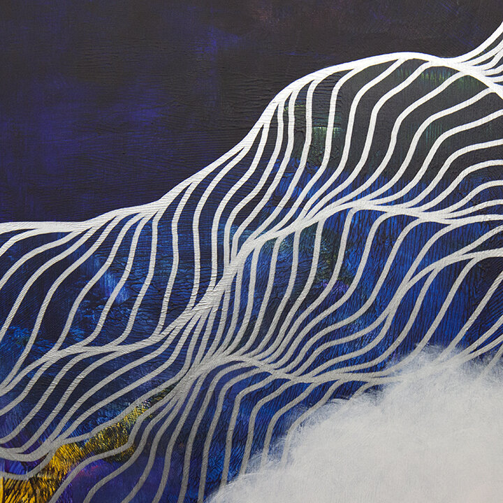 2019 Tracie Cheng blue white silver&nbsp;abstract line&nbsp;painting with clouds - "I Am Fully Yours" detail