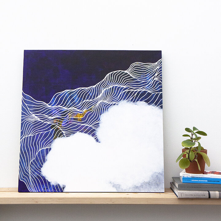 2019 Tracie Cheng blue white silver&nbsp;abstract line&nbsp;painting with clouds - "I Am Fully Yours" on display