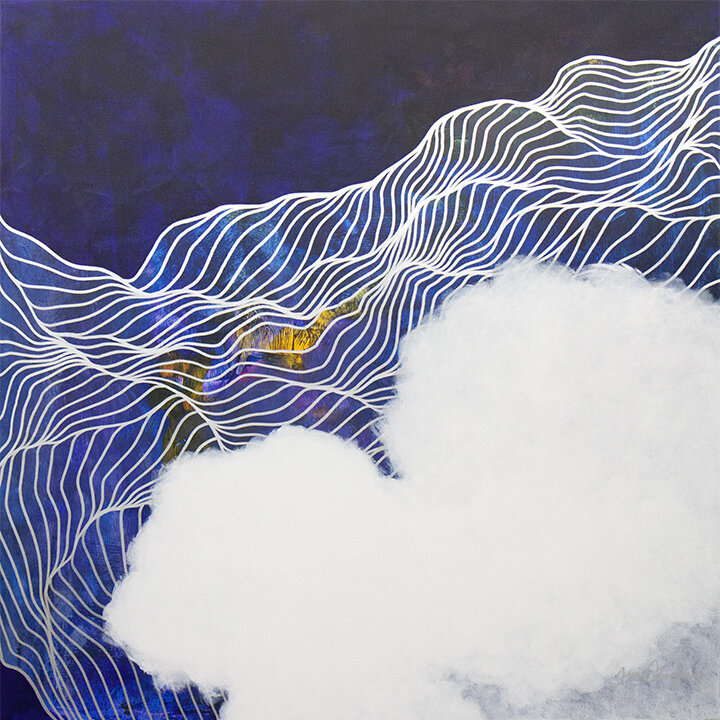 2019 Tracie Cheng blue white silver&nbsp;abstract line&nbsp;painting with clouds - "I Am Fully Yours"