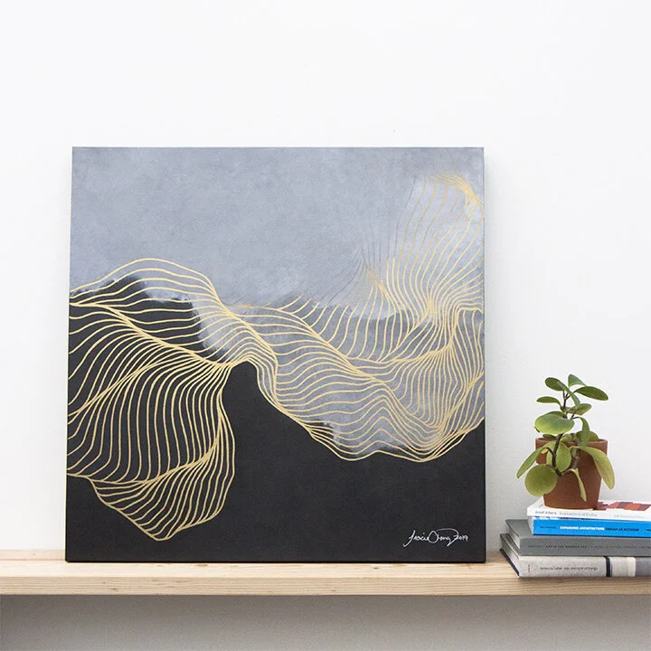 2019 Tracie Cheng black grey white&nbsp;abstract line&nbsp;painting with clouds - "I Am Enough Right Now" on display