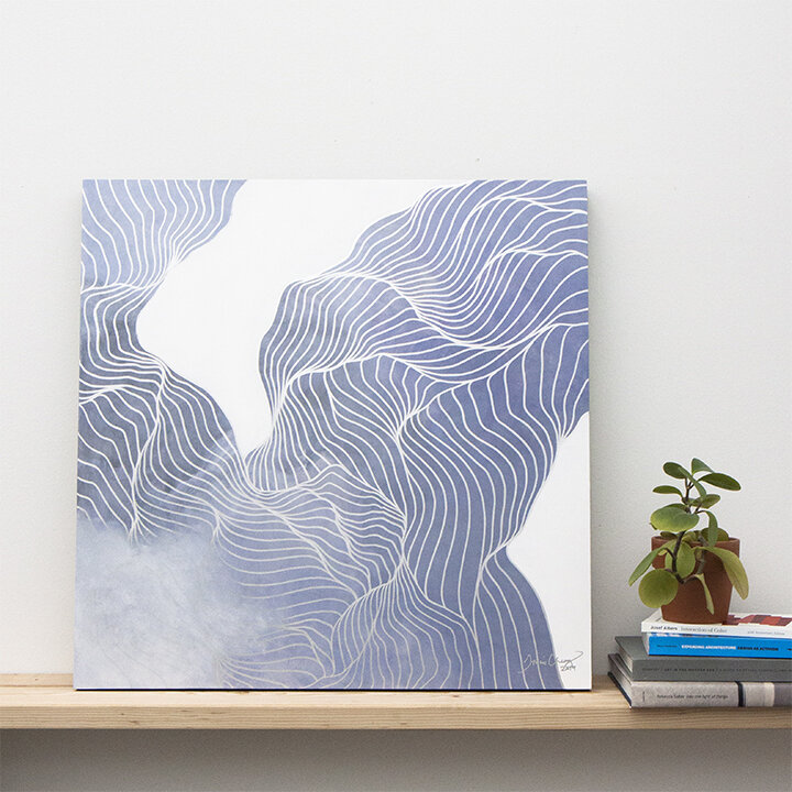 2019 Tracie Cheng blue white silver&nbsp;abstract line&nbsp;painting with clouds - "More Faith More Life" on display