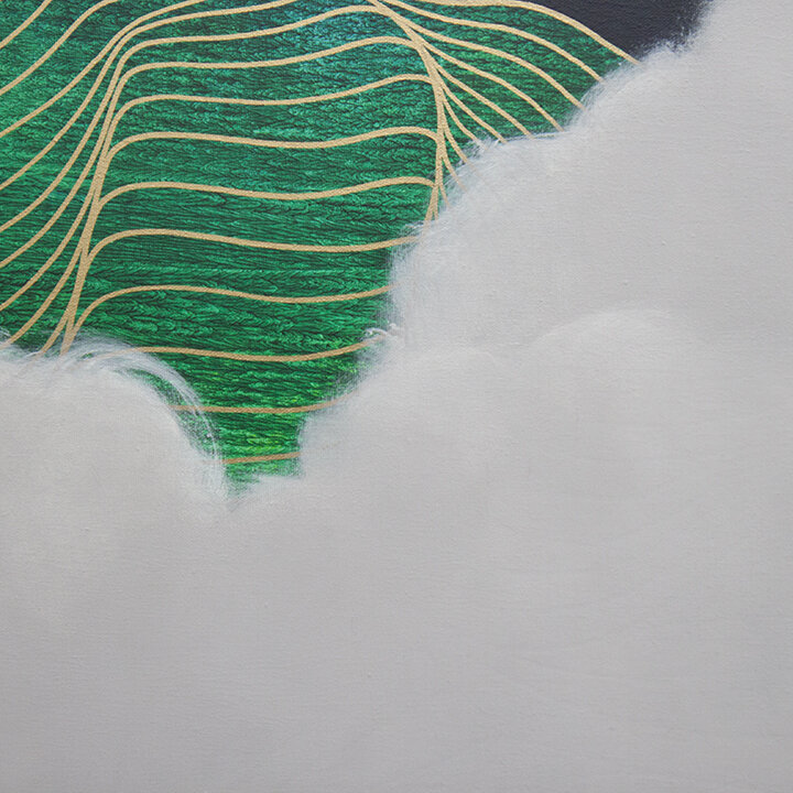 2019 Tracie Cheng green black white gold&nbsp;abstract line&nbsp;painting with clouds - "Peace In Gratitude Out" detail