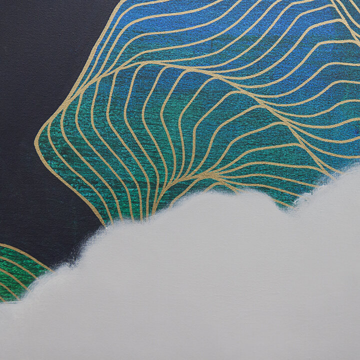 2019 Tracie Cheng green black white gold&nbsp;abstract line&nbsp;painting with clouds - "Peace In Gratitude Out" detail