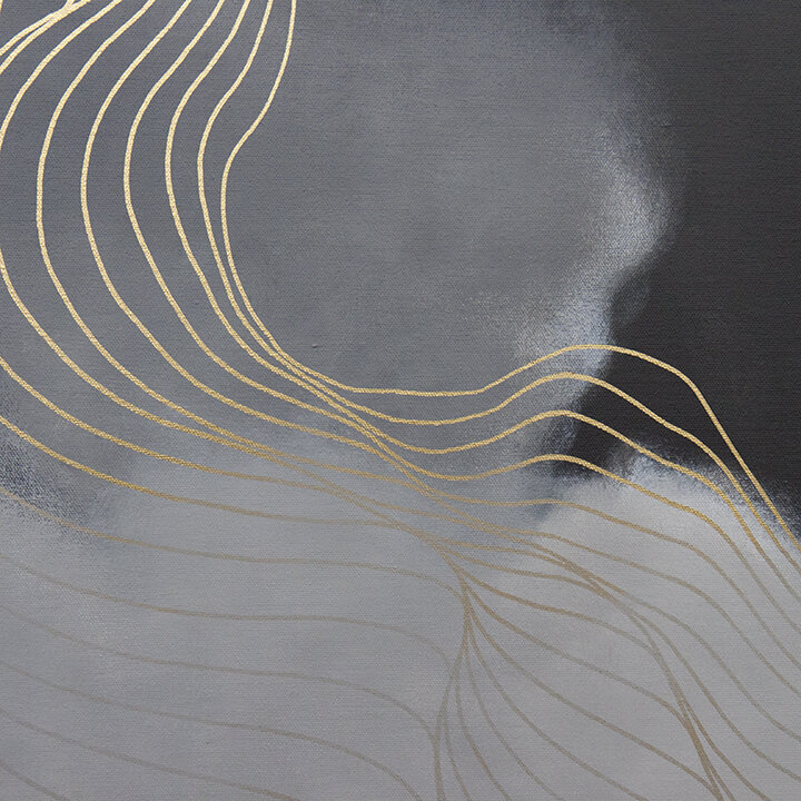 2019 Tracie Cheng grey black white gold&nbsp;abstract line&nbsp;painting with clouds - "Receive Grace Release Grace" detail