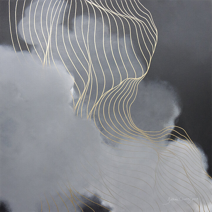 2019 Tracie Cheng grey black white gold&nbsp;abstract line&nbsp;painting with clouds - "Receive Grace Release Grace"