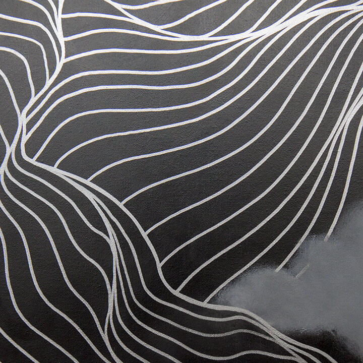 Tracie Cheng black grey silver&nbsp;abstract line&nbsp;painting with clouds - "Here I Am Here I Am" 2020 detail