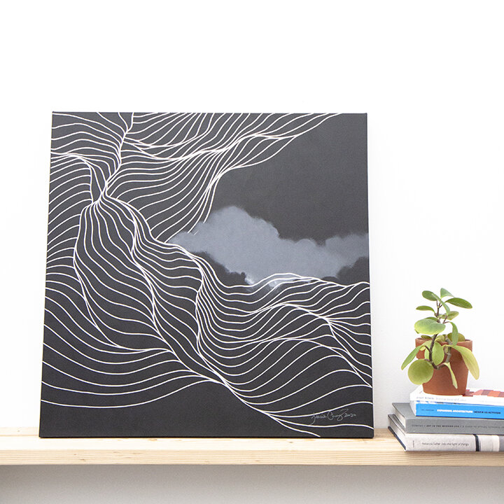 Tracie Cheng black grey silver&nbsp;abstract line&nbsp;painting with clouds - "Here I Am Here I Am" 2020 at home