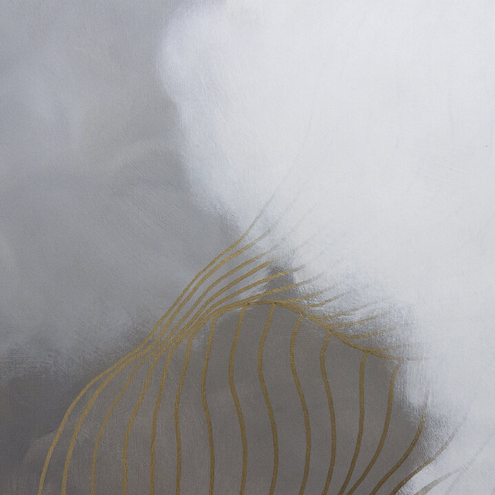 2020 Tracie Cheng black grey white gold&nbsp;abstract line&nbsp;painting with clouds - "Be Still Be Near" detail