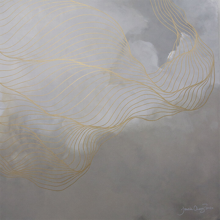 2020 Tracie Cheng grey white gold&nbsp;abstract line&nbsp;painting with clouds - "Beauty Is All Around"