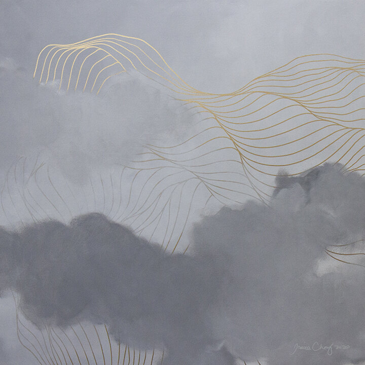 Tracie Cheng black grey gold&nbsp;abstract line&nbsp;painting with clouds - "I Am Yours You Are Mine" 2020