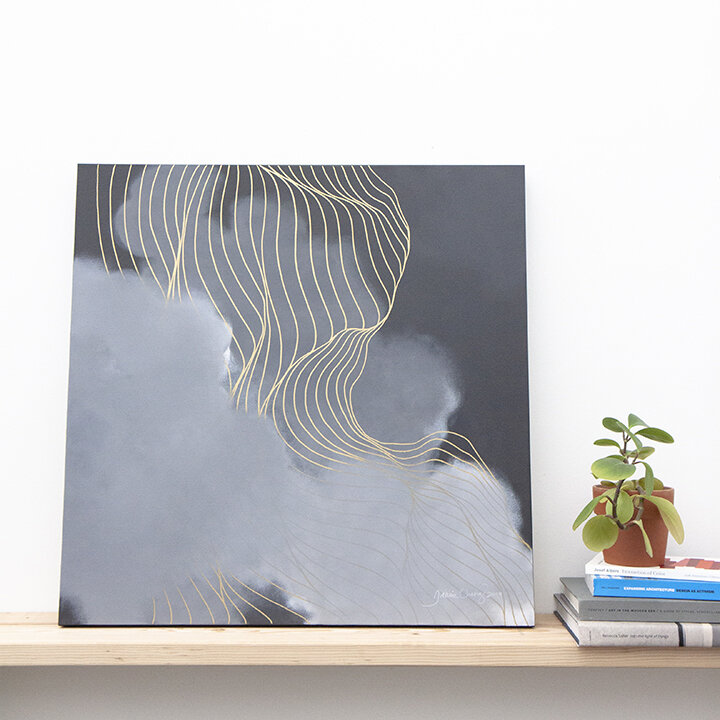 2019 Tracie Cheng grey black white gold&nbsp;abstract line&nbsp;painting with clouds - "Receive Grace Release Grace" on display