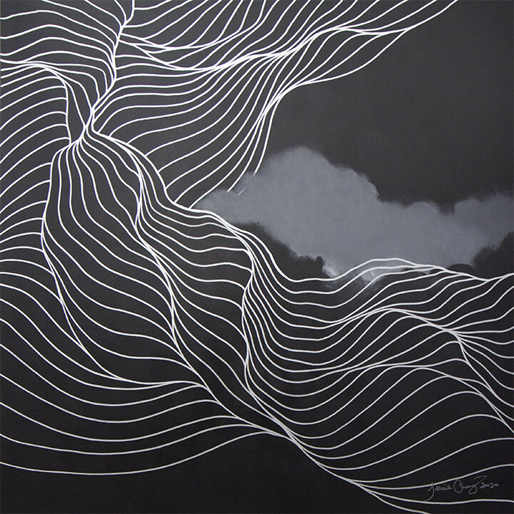 Tracie Cheng black grey silver&nbsp;abstract line&nbsp;painting with clouds - "Here I Am Here I Am" 2020