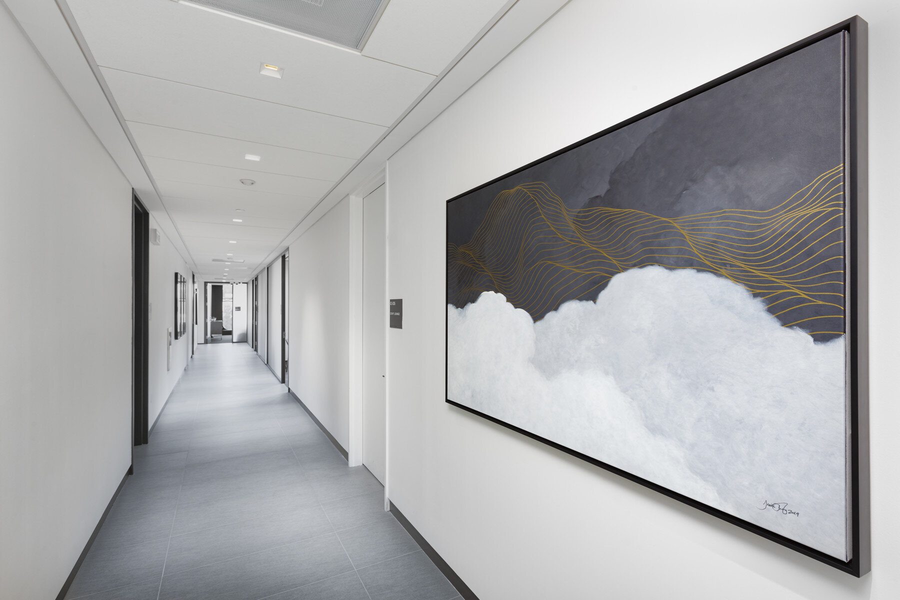 Tracie Cheng | black grey white gold abstract line painting on display The Health Center at Hudson Yards | New York City 2019