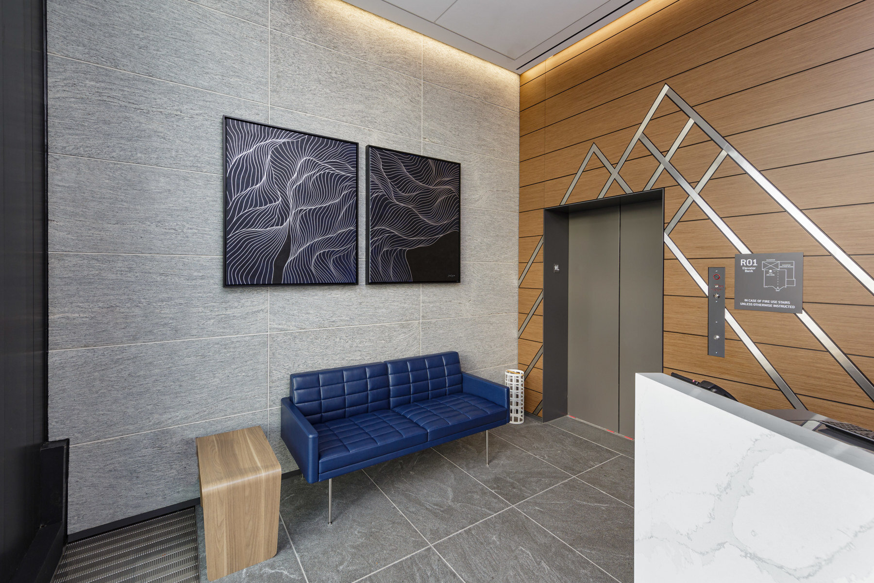 Tracie Cheng | blue black silver abstract line painting on display The Health Center at Hudson Yards | New York City 2019