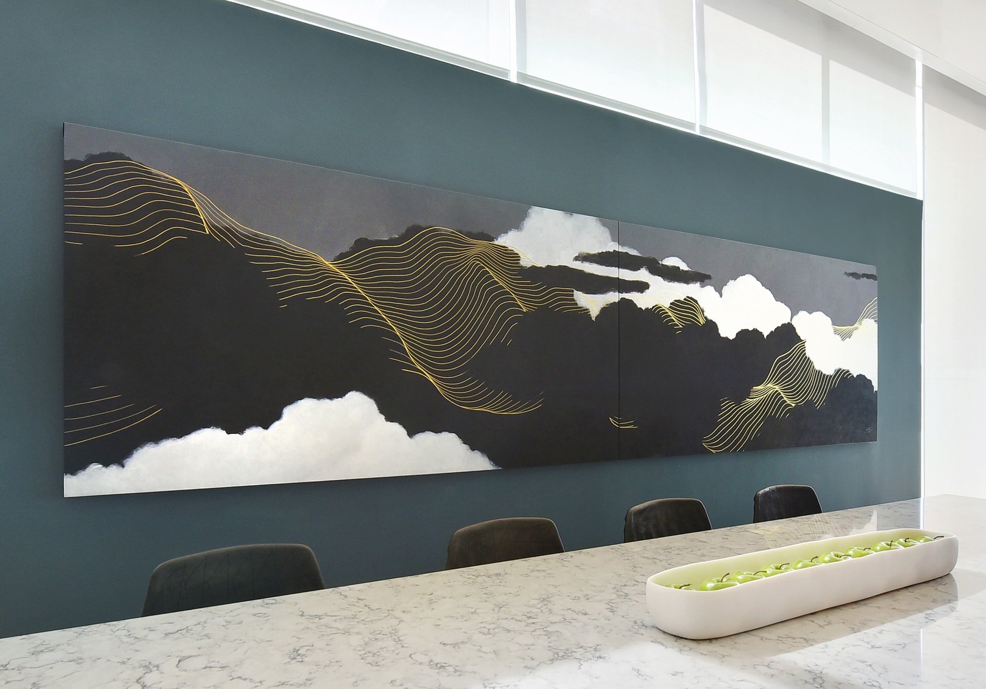 Tracie Cheng | black white grey gold large abstract line painting with clouds for interior of The Independent  | Austin 2019