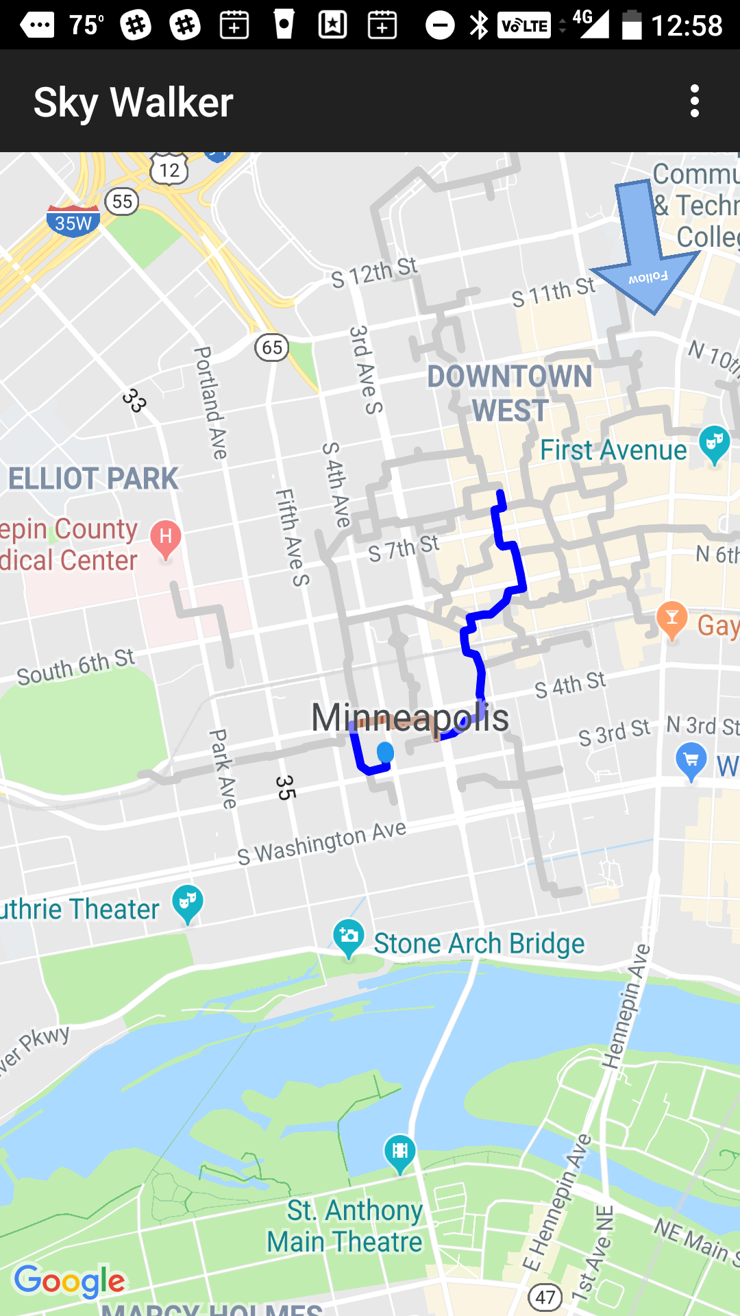 The route charted by the Skywalker app