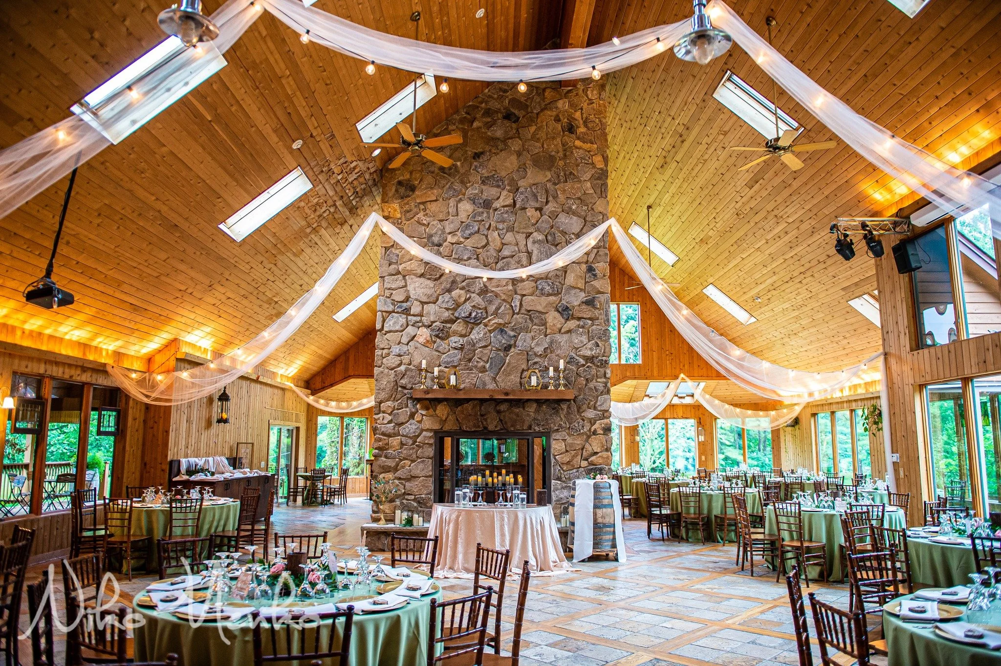 Interior view of the lodge at The Shores of Turtle Creek in Spring Grove, Illinois setup for a reception.