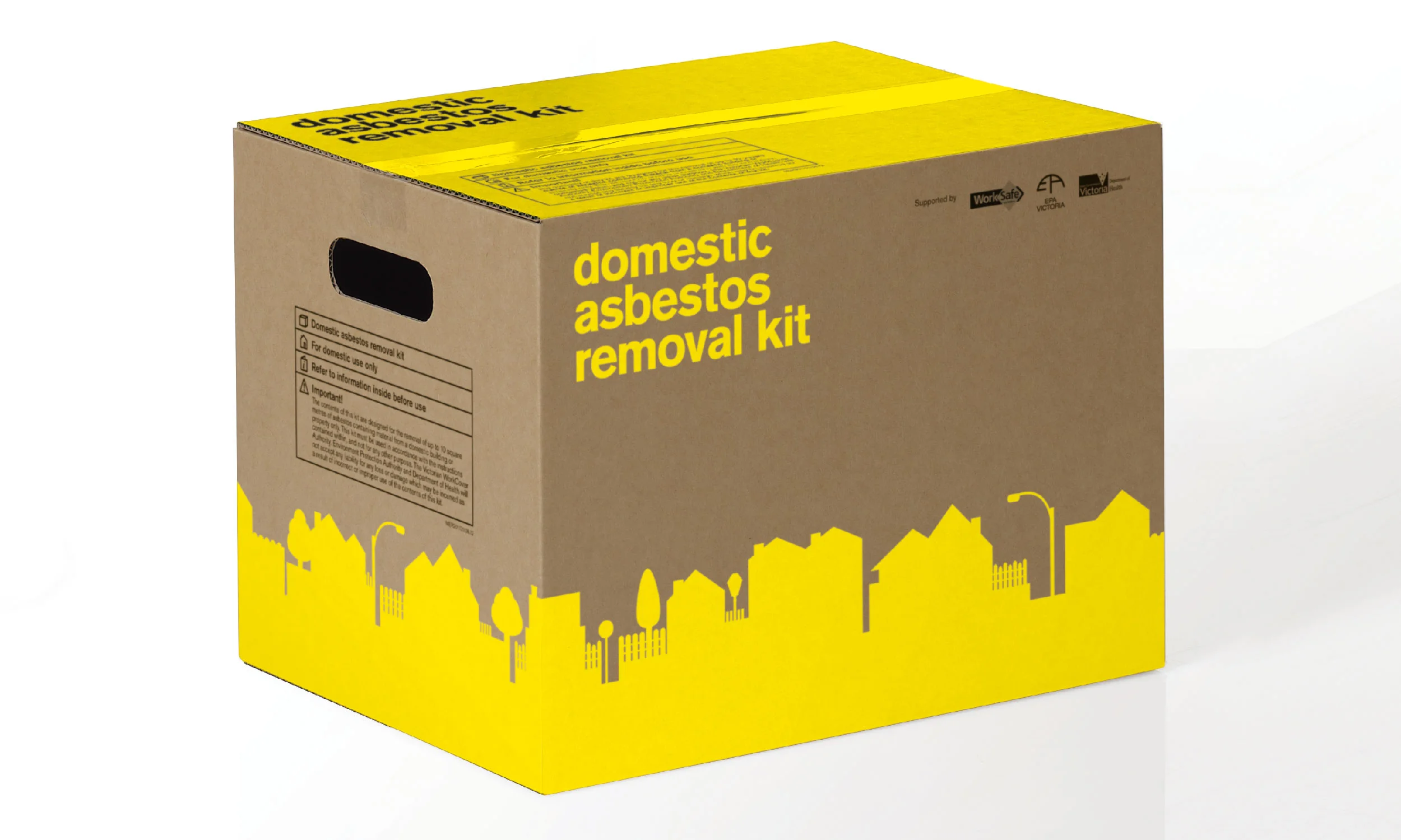   The kit comprises of a box containing asbestos removal items and a tabbed instruction booklet. Large point-of-sale signage for council offices and information flyers were also designed.  