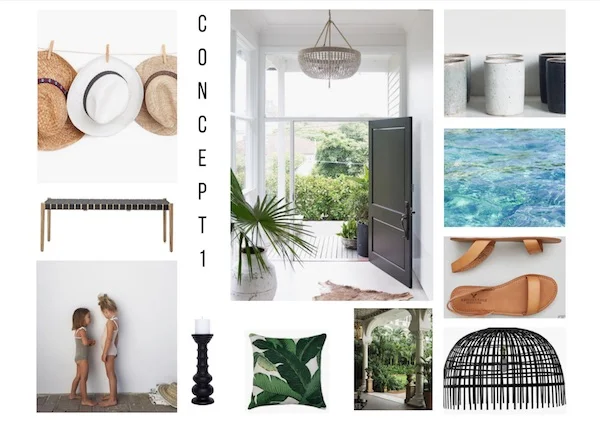 A tropical mood board evolves that emanates barefoot luxury.