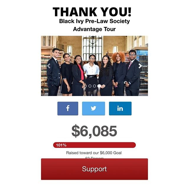 The Black Ivy Pre-Law Society would like to thank everyone who donated to our Crowdfunding campaign for helping sponsor our #AdvantageTour 2020. We arrived in Washington, DC yesterday and are excited for the opportunity to visit prestigious law schoo