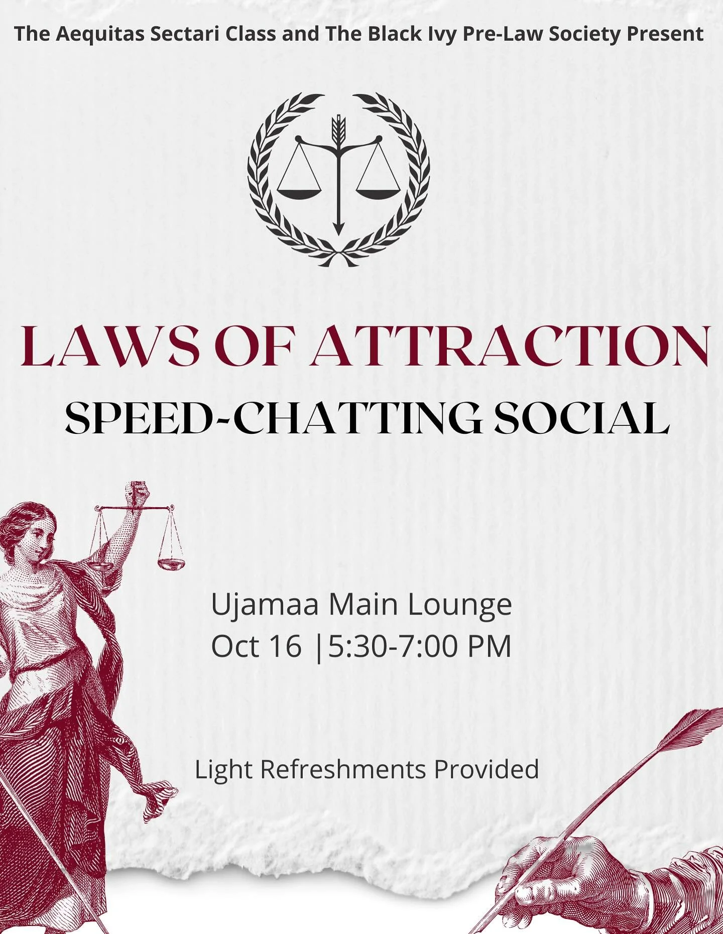 TOMORROW‼️ Join the Aequitas Sectari Class and the Black Ivy Pre-Law Society for our Laws of Attraction event, an evening full of meaningful connection. The event will take place from 5:30pm - 7:00pm in the Ujamaa Main Lounge for guided conversation 