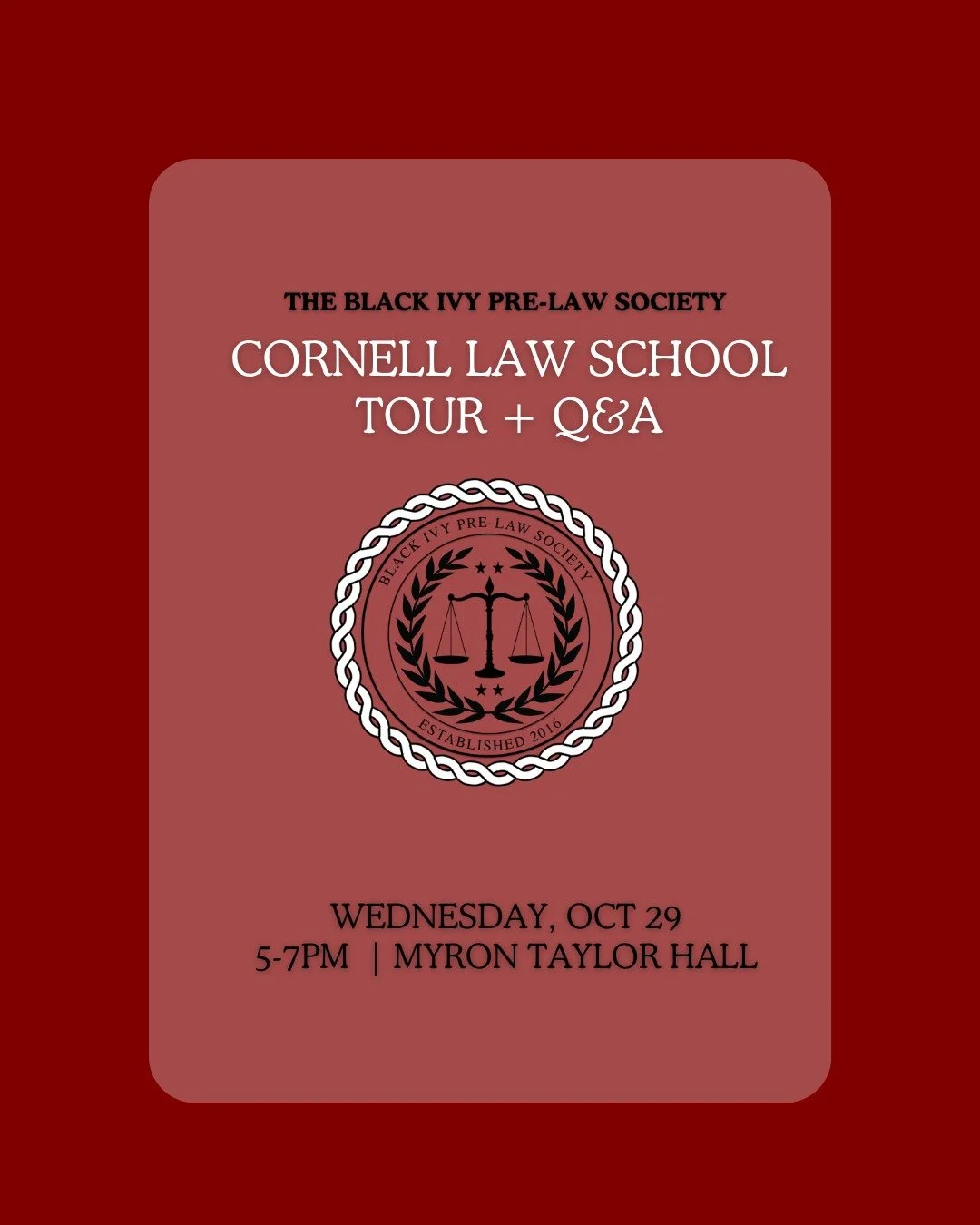 Save the date 🗓!
Black Ivy will be hosting a Tour of Cornell Law School as well as a Fireside Chat open to all interested pre-law students. 

On Wednesday, Oct 29, join us in Myron Taylor Hall for a tour and Q&amp;A session. 

On Thursday, we will b