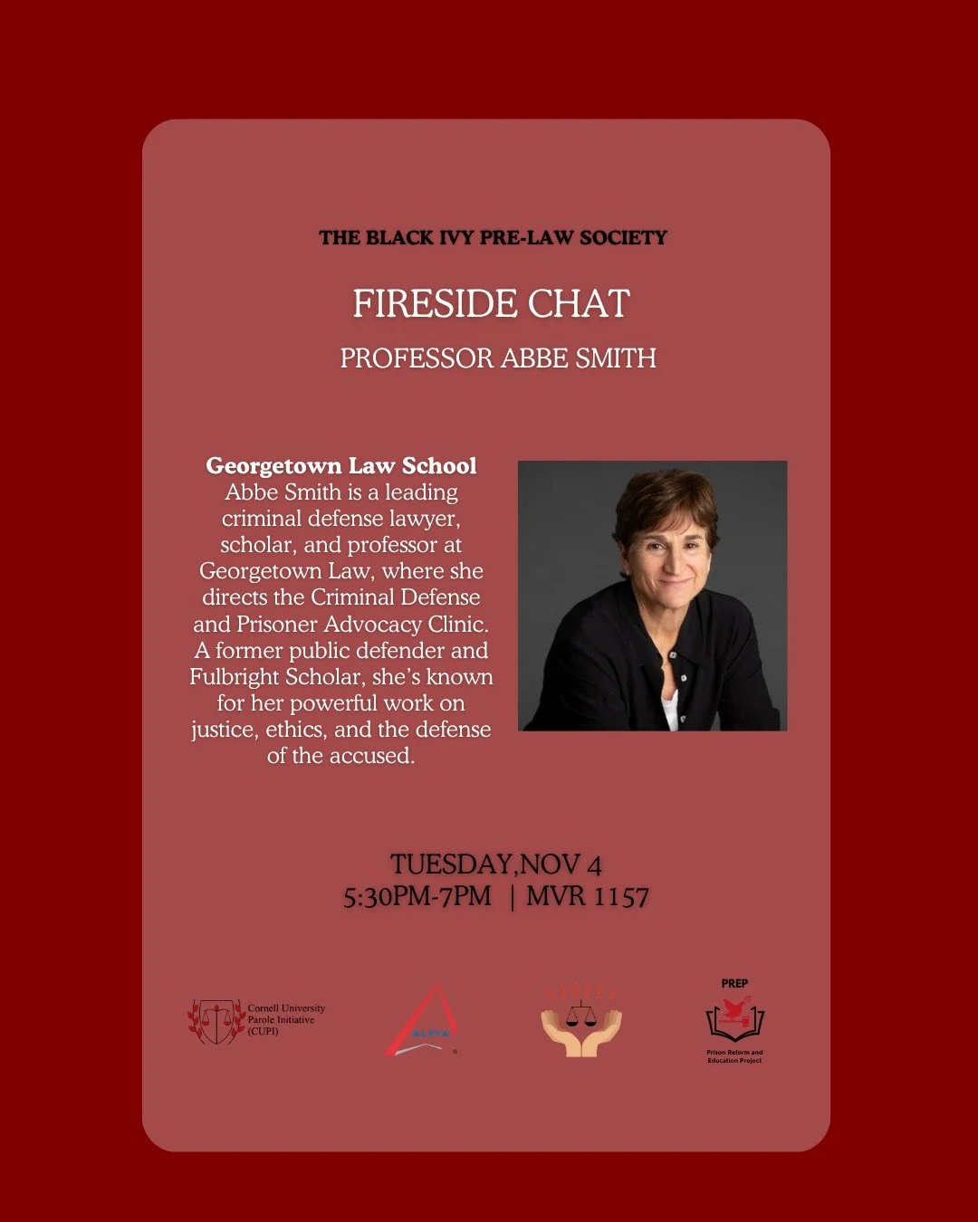 Join us this Tuesday in MVR! 

Come hear from Abbe Smith, a criminal defense lawyer and professor at Georgetown Law School.