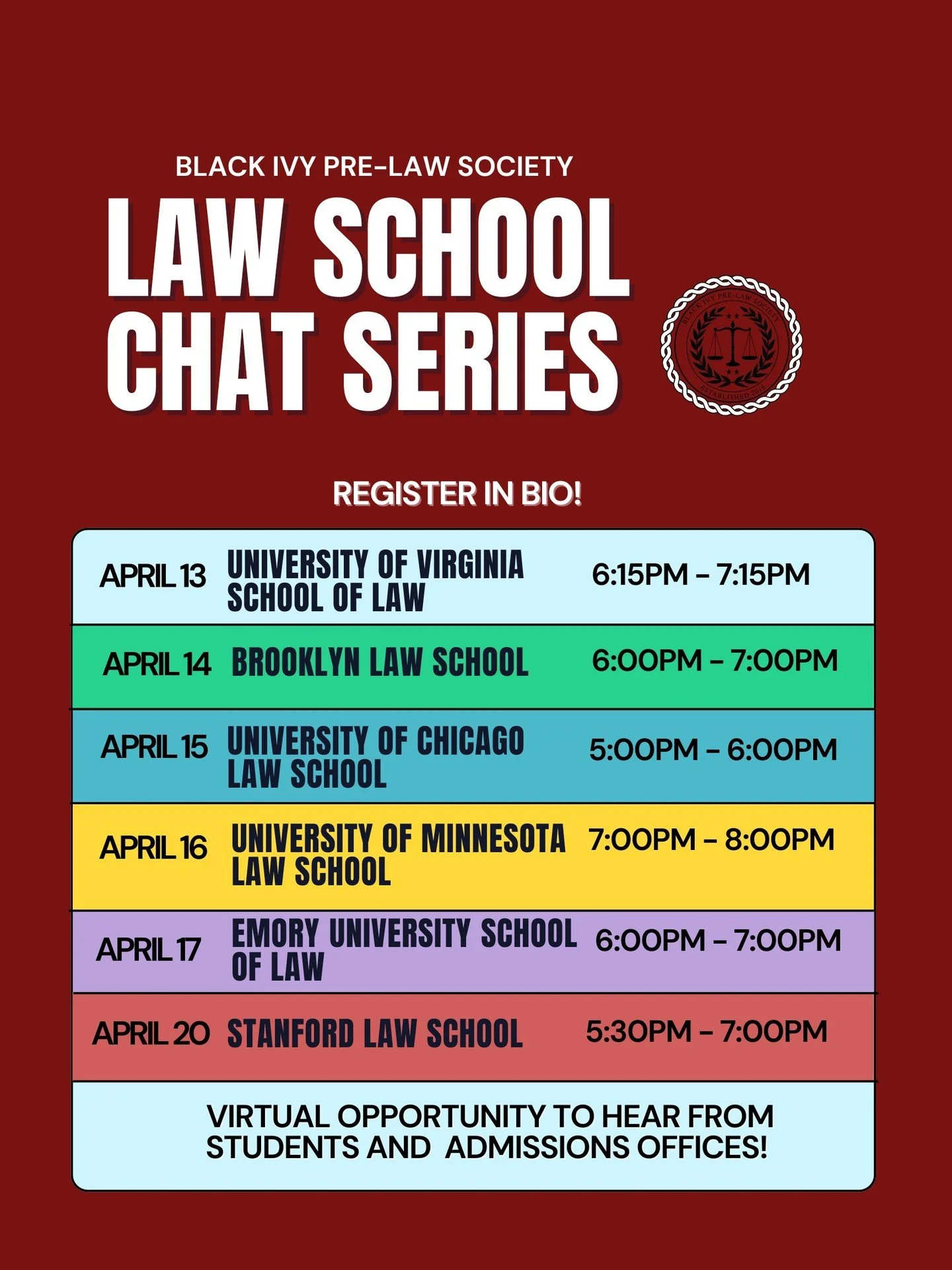 Thinking about law school?

Join us next week! Our Virtual Law School Chat Series is open to all students, register with the link in our bio.