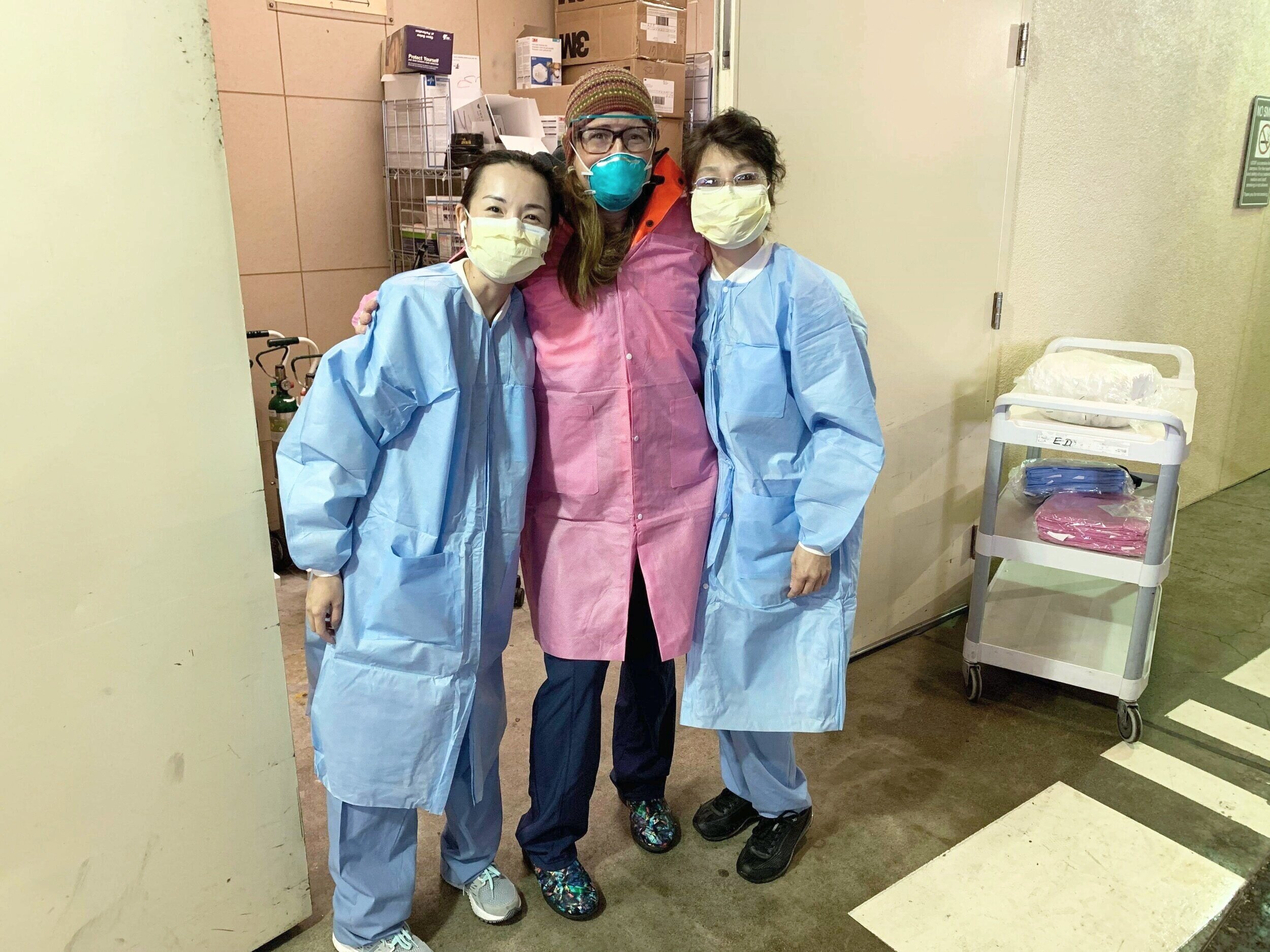 Medical personnel at UCSF ED at Parnassus Heights wearing PPE donated by Project SCIFI.