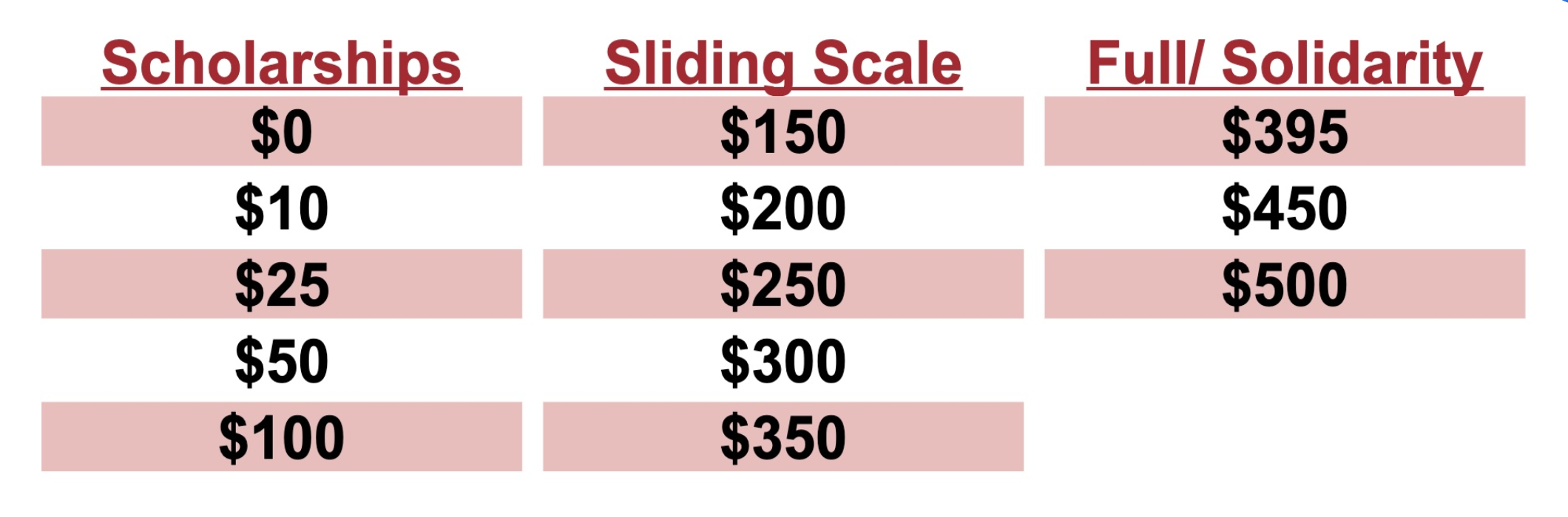 A white, red, and pink graphic illustrating suggested payment tiers for the HJC Fall Political Education Series.