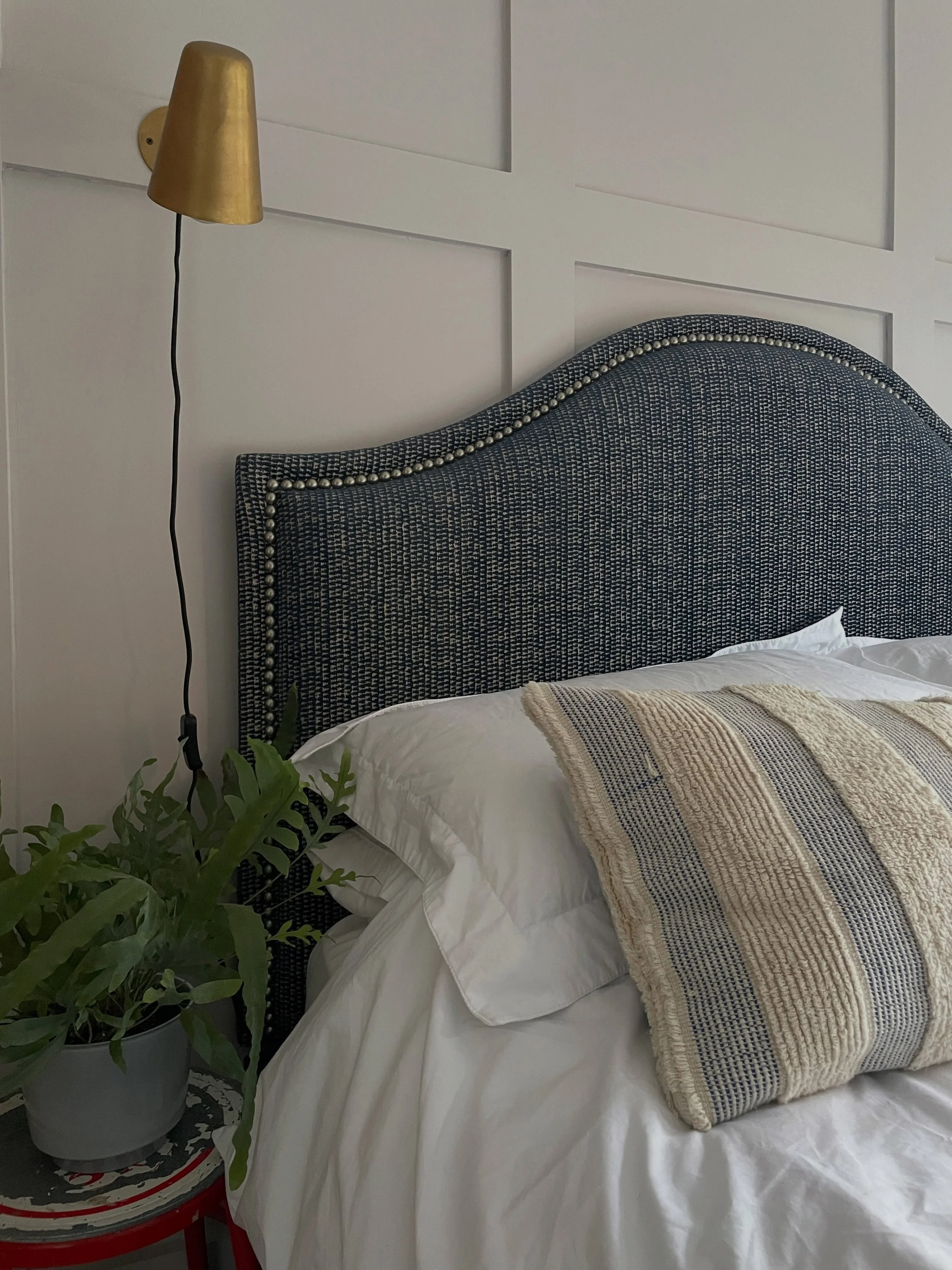 This is one of my headboards in the shape &ldquo;Crest&rdquo; you can either have this finished with piping or decorative nails as shown here and your choice of fabric. Available to order from my website. 🔨  Fabric is Merrington (Indigo) by @sanders